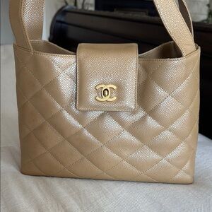 CHANEL Tan Quilted Shoulder Bag Kelly Style Caviar Leather Rare ✨